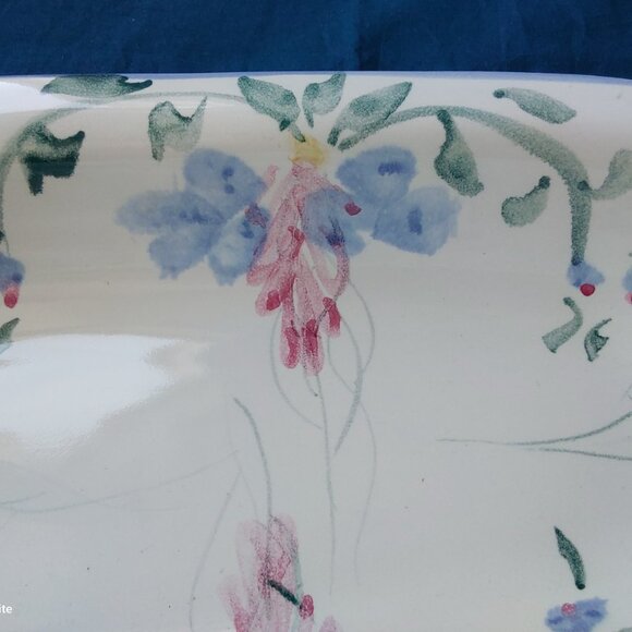 Studio pottery oblong serving dish with handles blue and pink flowers vtg 1993 - Picture 9 of 13